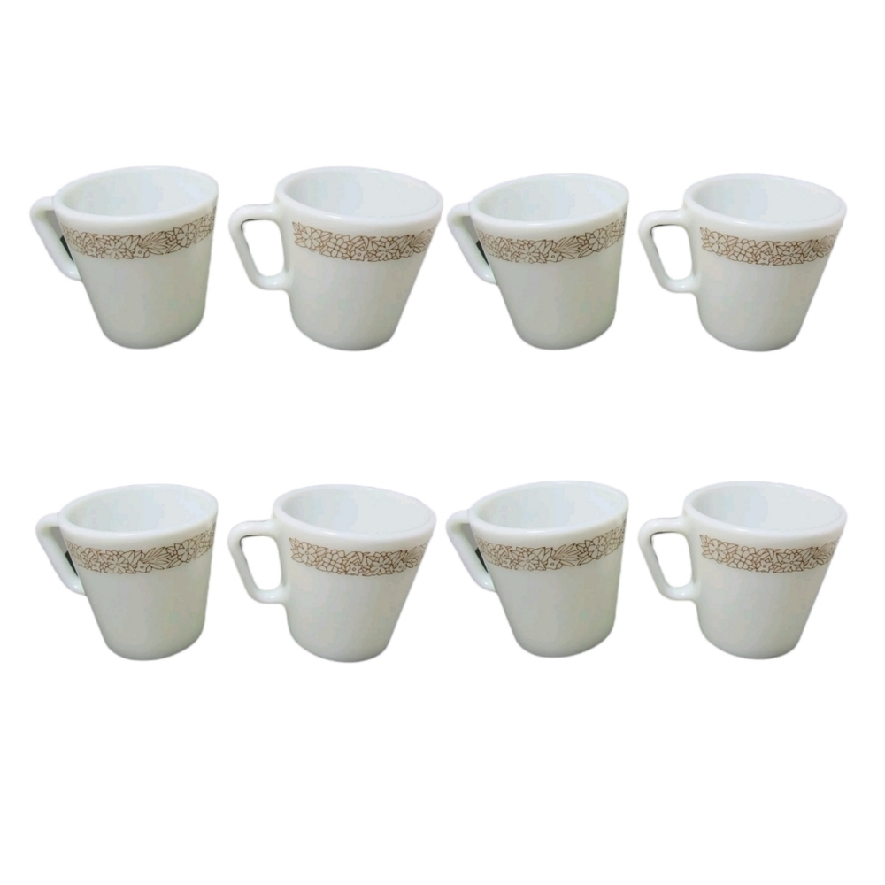 Pyrex Woodland Milk Glass Mugs Set of 8 Brown Floral 1410 Vintage 300ml USA